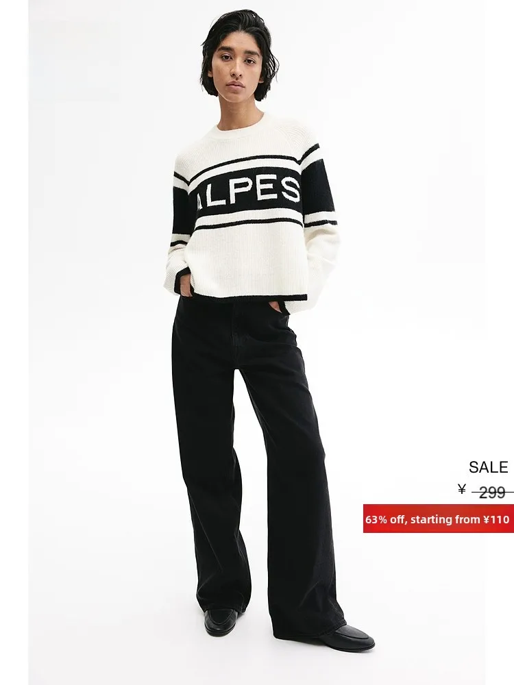 

Hm2025 Women's Casual Loose Fit Knitted Sweater Letter Pattern Autumn New Sle Polyester Acrylic Wool Spandex Blend Long Sve