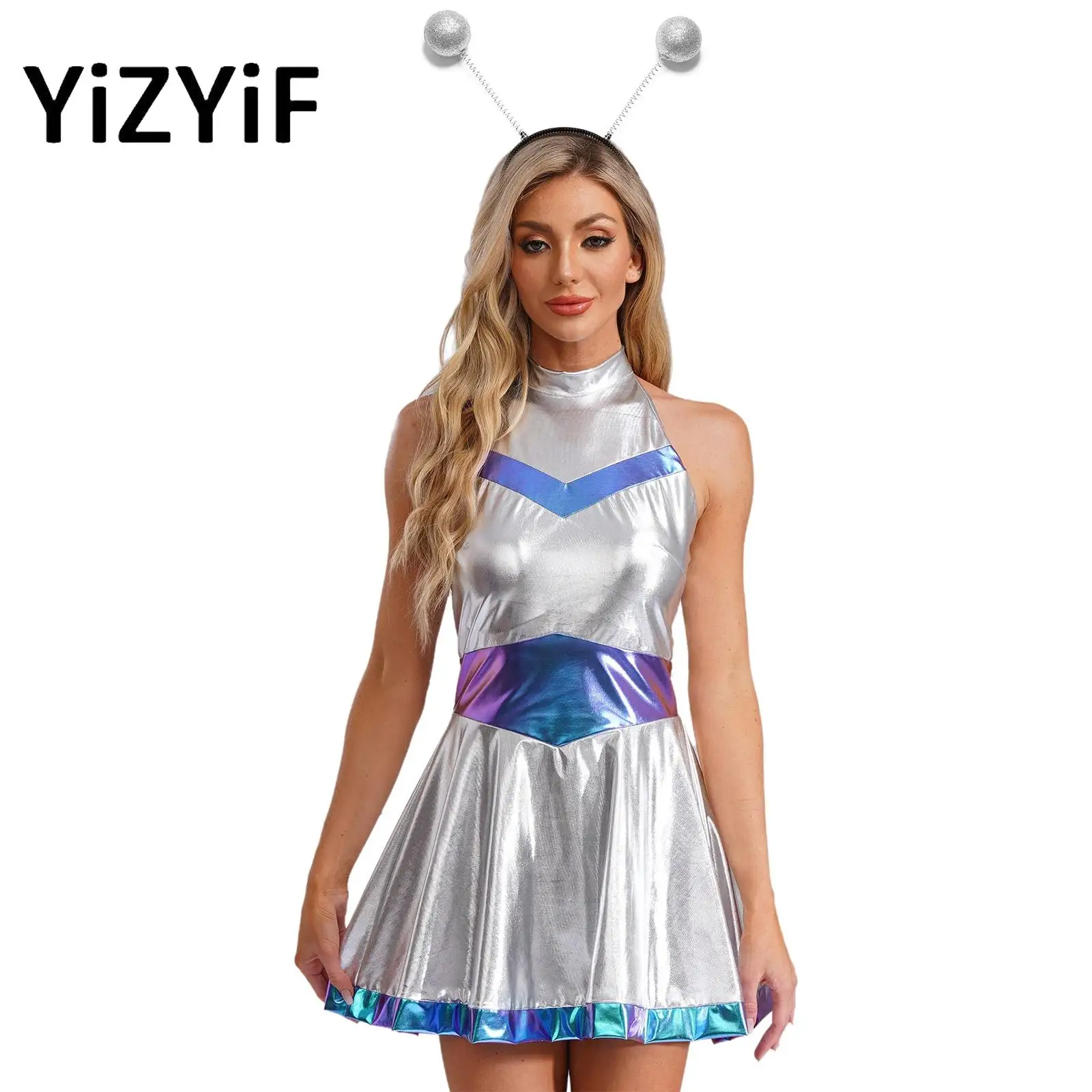 

Women Alien Cosplay Dress Shiny Holographic Halloween Halter Neck Open Back A-line Short Dress with Hair Hoop Accessory