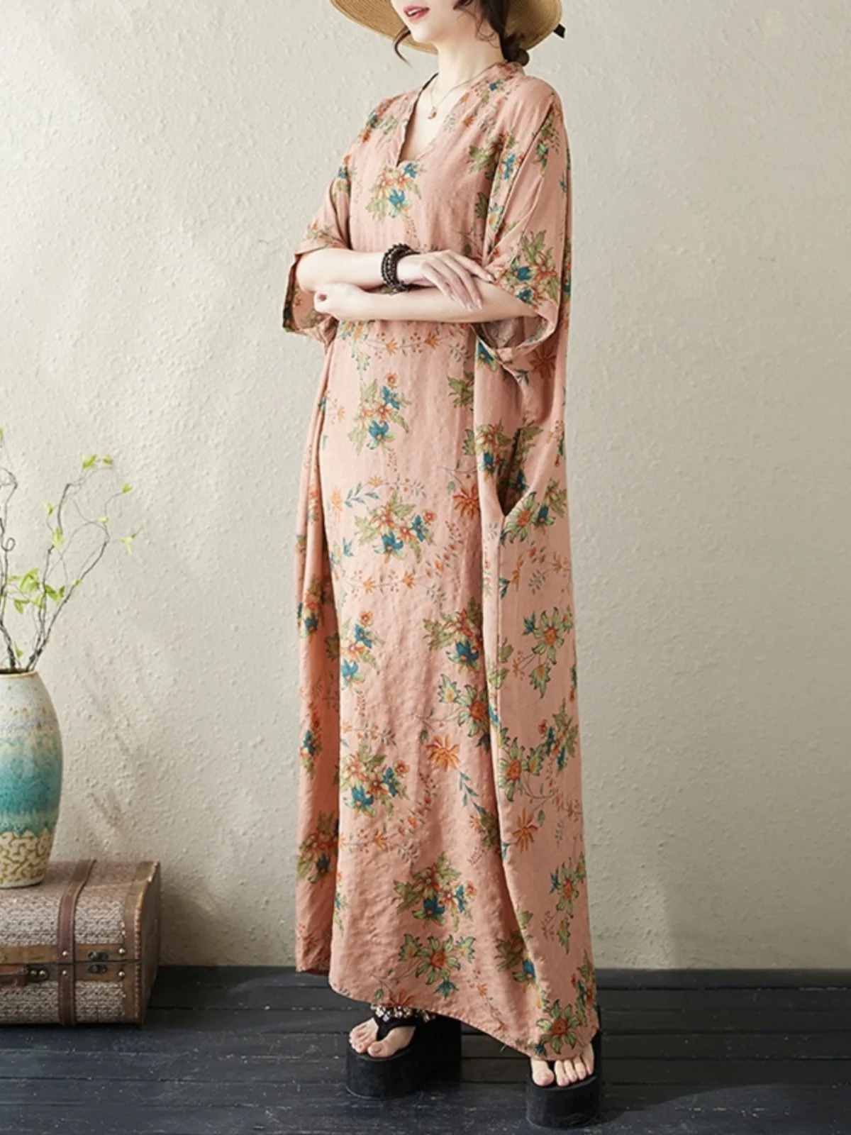 Verano Floral Vaion Sle largo Retro algodón Lino Dr hasta la rodilla Batwing Sve V-Ne H-ape Casual Commute Dr
