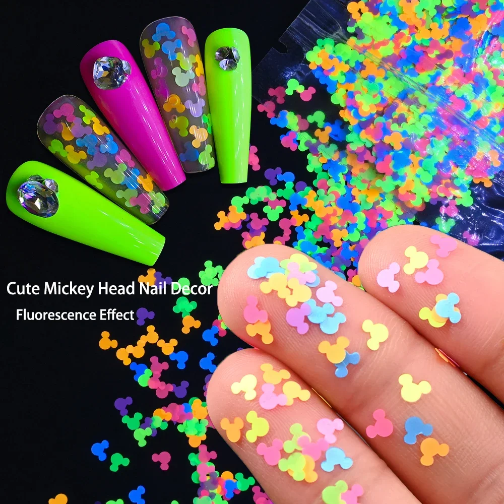 Disney10g/Bag Fluorescent Mickey Head Nail Glitter Sequins 3D Mixed-Colors Five-pointed Star Shaped, Mickey Design Nail Decor