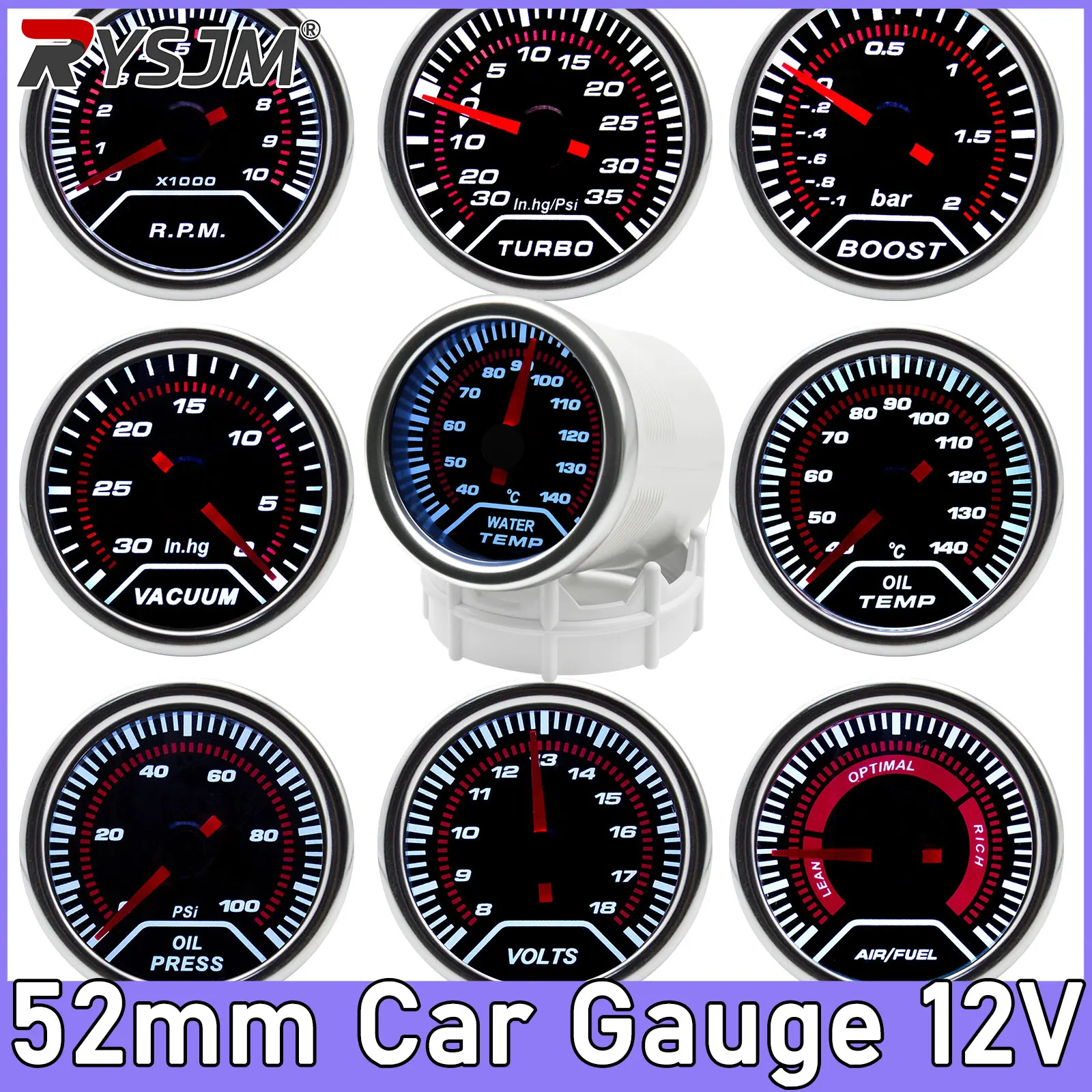 52mm Boost Gauge BAR PSI 12V Water Temp Oil Temp Oil Press Exhaust Gas Temp Air Fuel Ratio Gauge Volt Tachometer for  Car