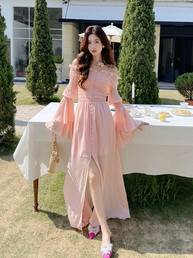 

Princess Style Long Sleeve One Shoulder Strap Dress Women's Elegant Pink Dress Spring 2026 New Arrival Breathable Skin-Friendly
