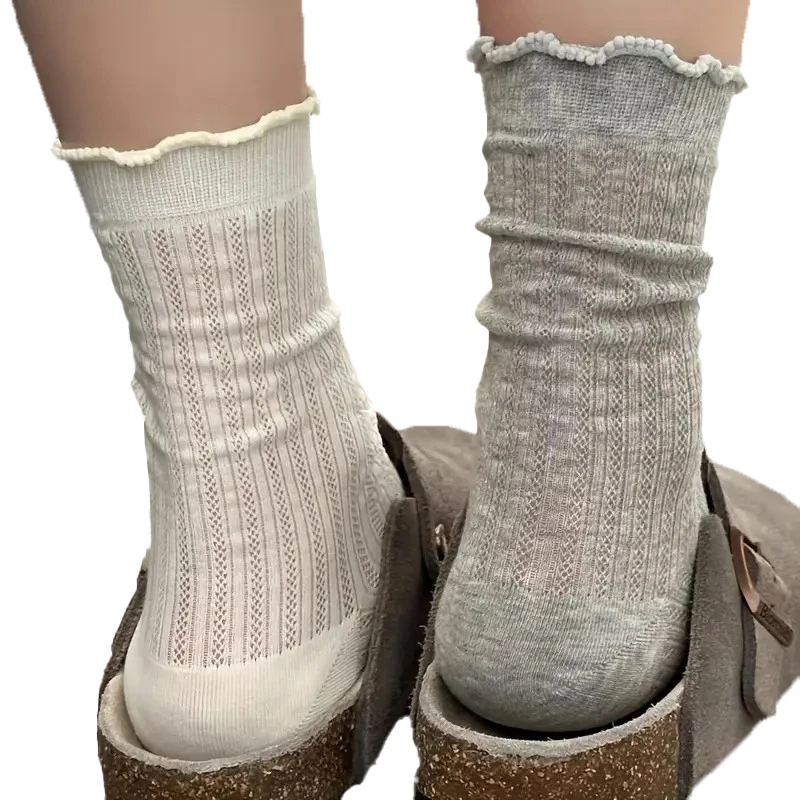 5/10 paires femmes couleur unie maille mi Tube chaussettes été léger respirant à la mode bord ondulé Style Ballet chaussettes décontractées