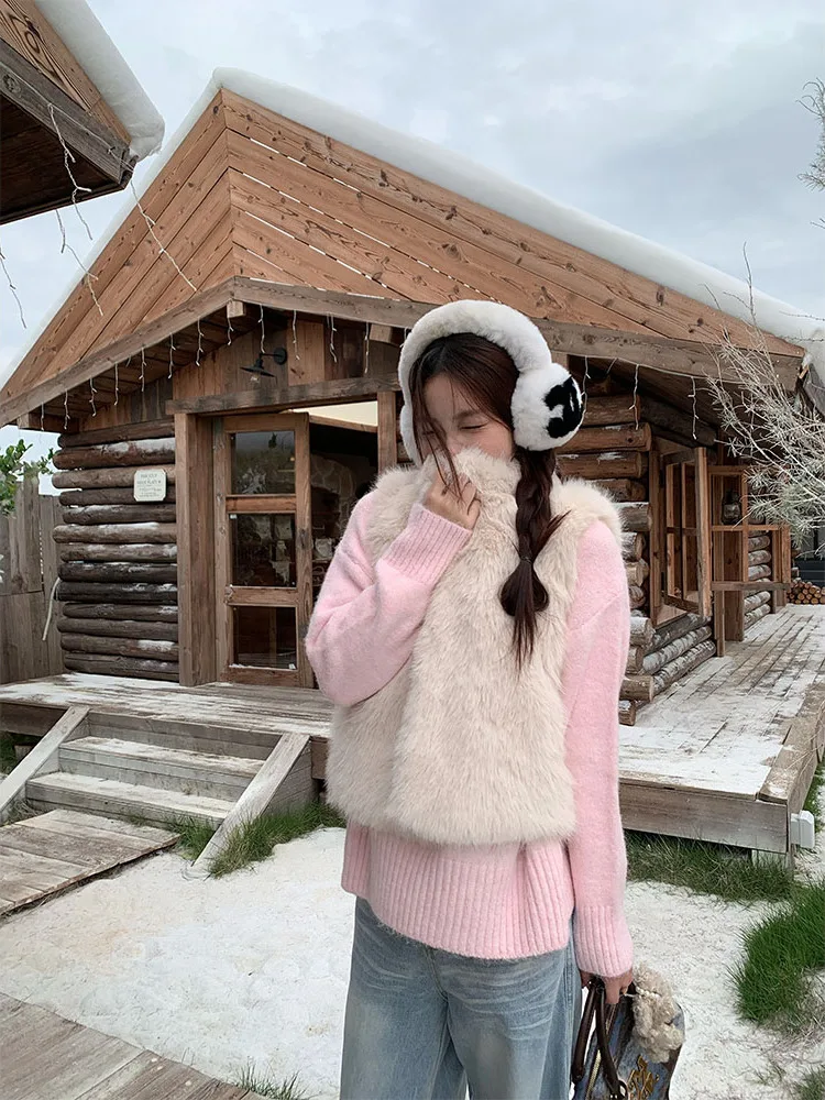 

Теплый меховой жилет UVPU персикового цвета, зима 202, корейский свободный термослойный утягивающий верхняя одежда, женский деловой костюм