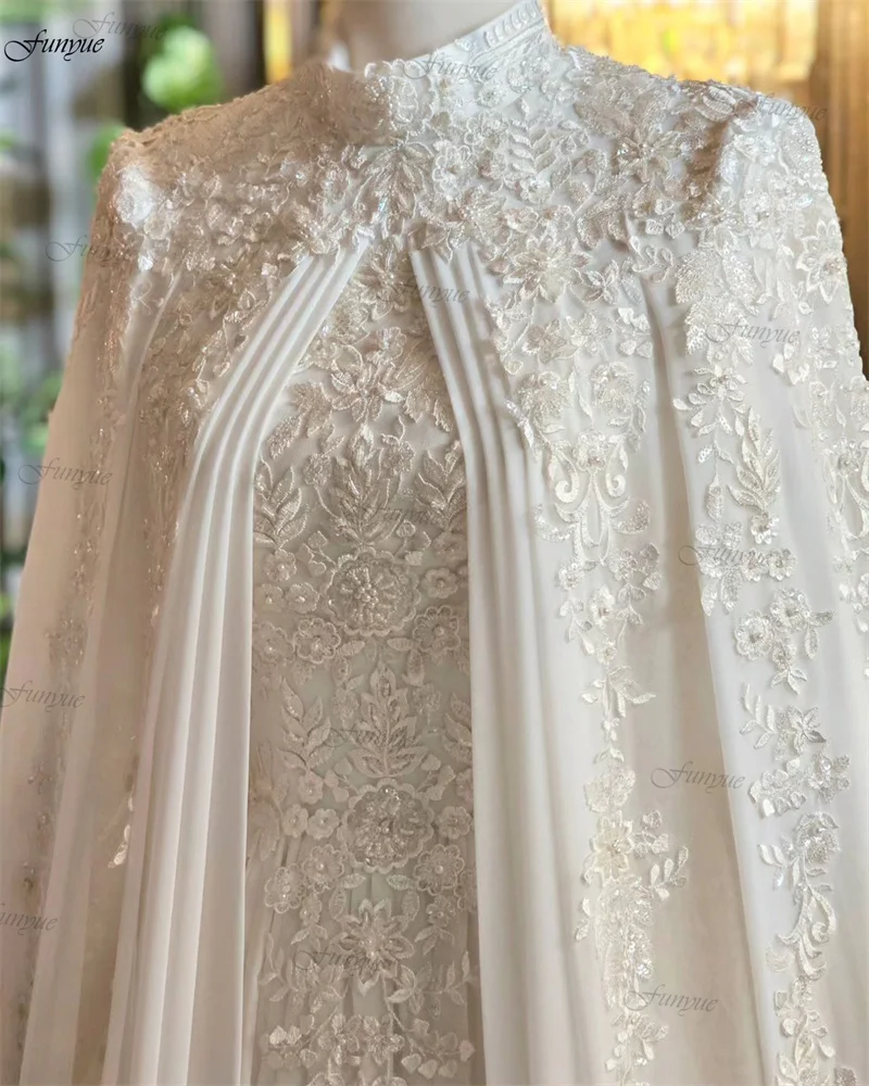 Islamic Muslim Wedding Dress New 2024 Appliques Lace A-Line Chiffon Robe Mariage Femme Plus Size Women Bride Gowns with Cape