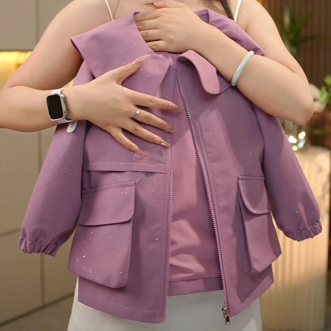 Girls Zipper Jacket 2026 Spring Fall New Kids Purple Casual Loose Coat Toddler Children Clothing Fashion Cute Outerwear