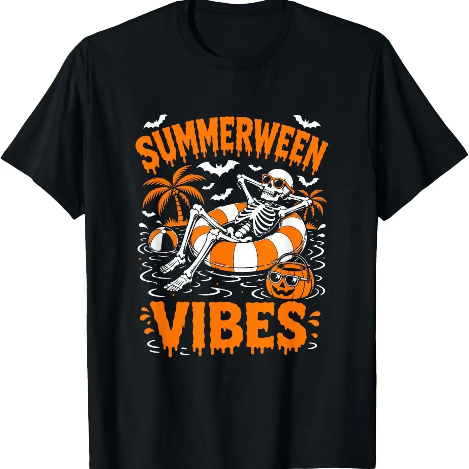 Summerween Vibes Skeleton Floating Pool Pumpkin Halloween T Shirt vintage Washed Soft Casual Unisex streetwear Stretched