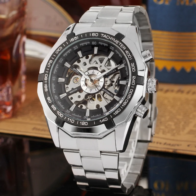 New High-quality Winner official  retro Waterproof Men Transparent Skeleton Watches Mechanical Automatic Tourbillion movements