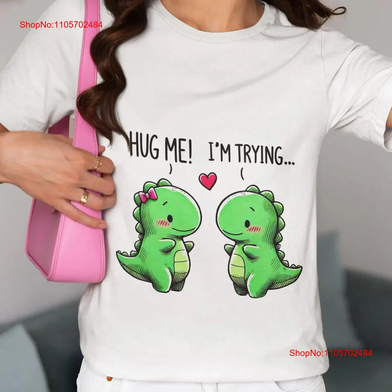 Cute Dinosaur Hug T Shirt Me I'm Trying Dino Couple Funny Romantic Top Kawaii Love vintage Washed fashion Comfortable Stretched