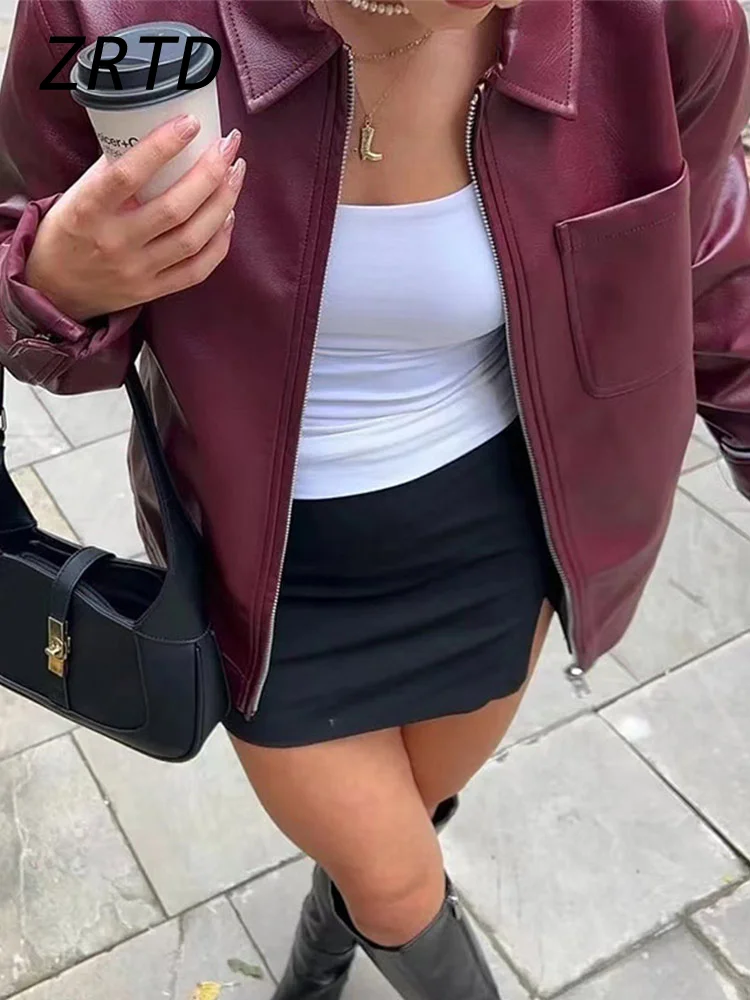 Eleganckie damskie krótkie kurtki skórzane luźne klapy zamek błyskawiczny z długim rękawem płaszcze damskie 2024 jesień Lady Casual Urban Street