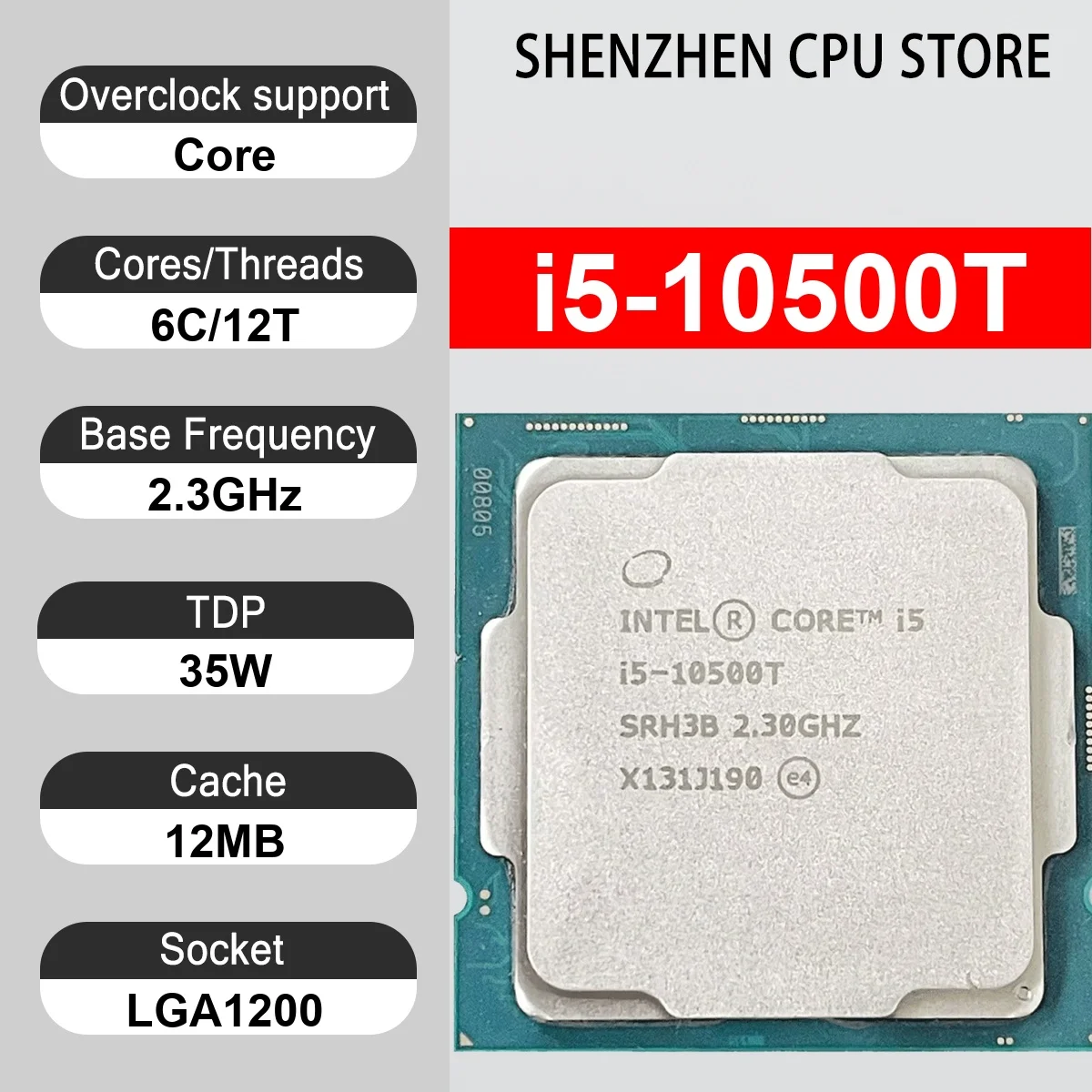 Intel Core i5-10500T 6 Core 12 Thread 2.3GHz 35W 12MB Cache 14nm Comet Lake-S DDR4-2666 MHz SRJ49 LGA1200 UHD Graphics 630