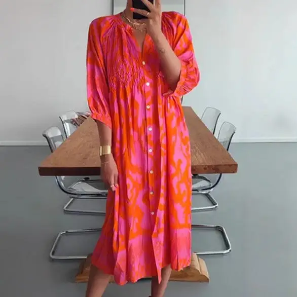 Nowa, luźna, długa spódnica z wysokim stanem, nieregularnym krojem, z kołnierzykiem zapinanym na guziki, z nadrukiem cyfrowym, wykonana z poliestru, idealna na lato, damska, pojedyncza sztuka, model 2025.