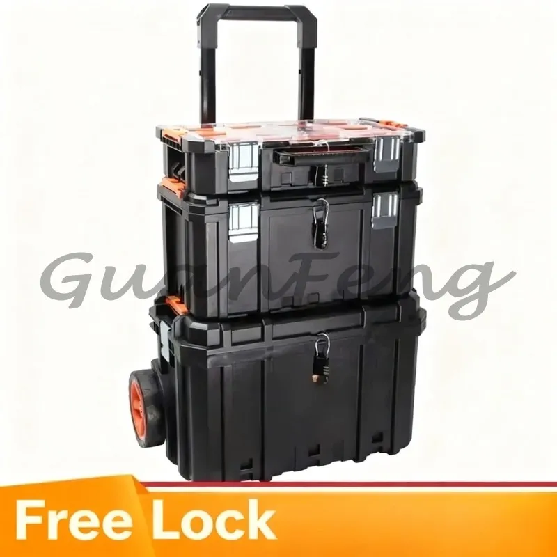 Rolling Pull Handle Toolbox, Stackable 3-Layer Storage Case, Detachable Wheeled Tool Cart for Garage Workshop