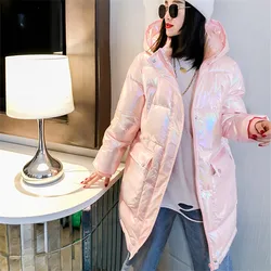 Winter Women Loose Mid Length Thick Warm Cotton Padded Coat Women Pink Hooded Long Sleeve Big Pocket Cotton Parkas Jacket Female