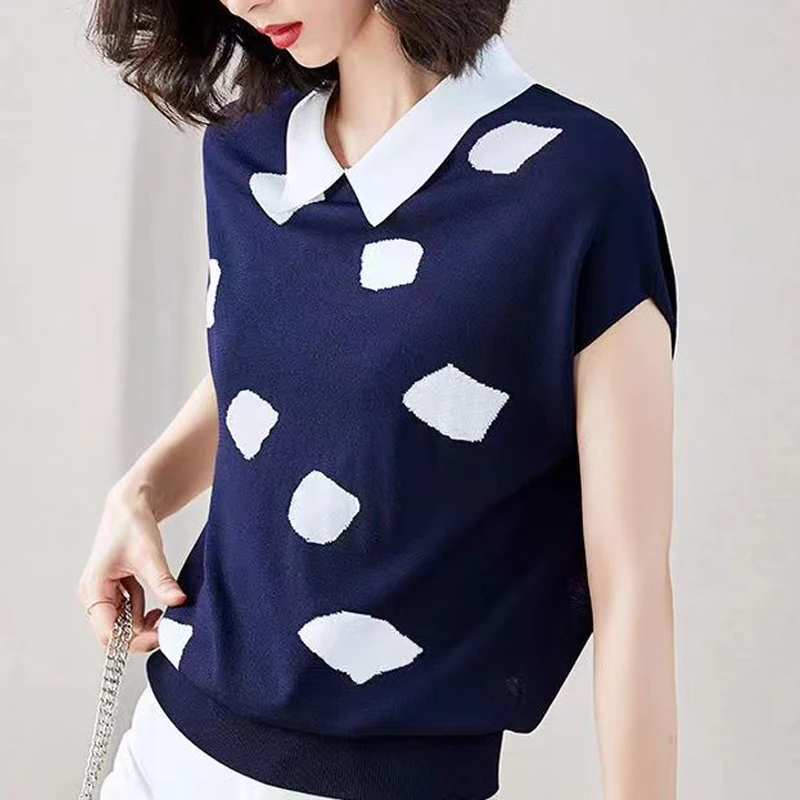 Women's Clothing Summer Fashion Contrast Color Patchwork Elegant Knitted T-shirts Simple Casual Short Sleeve Loose Pullover Tops