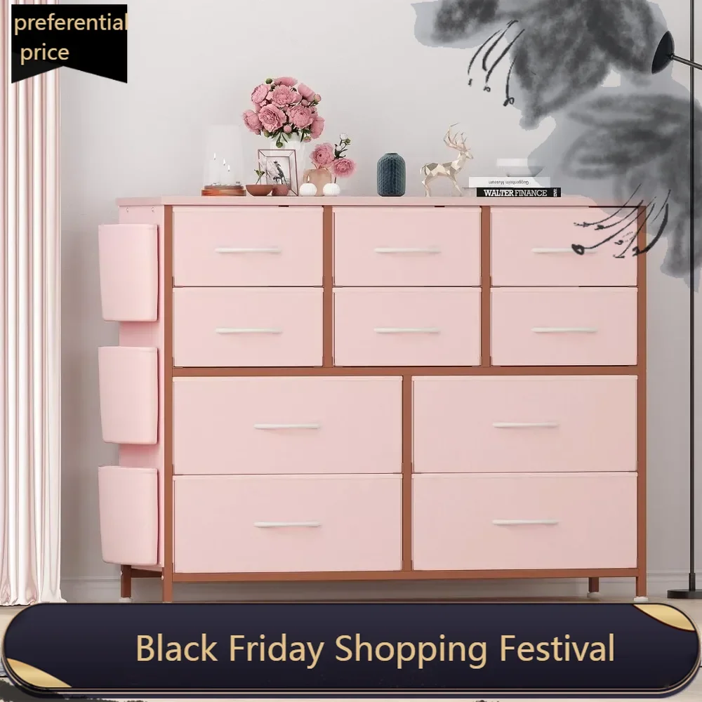 

Dresser for Bedroom with 10 Drawers, Dressers & Chest , Long Fabric Storage Drawer with Wood Tabletop for Closet,Entryway (Pink)