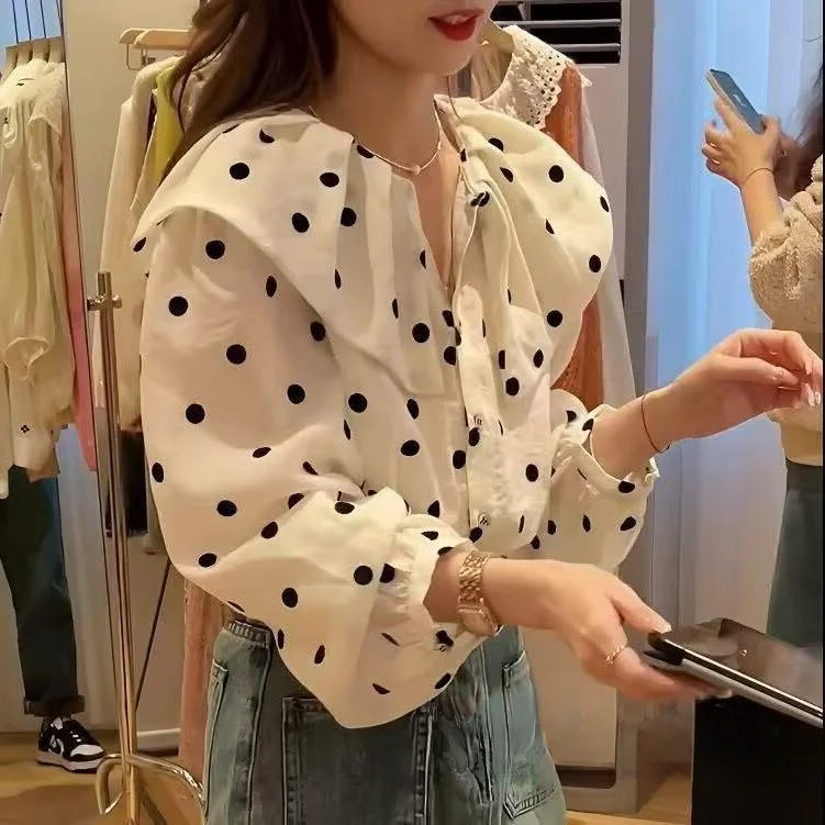 

Летняя длинная повседневная женская блузка с кукольным воротником Sve на одной пуговице, новая весенняя повседневная блузка в Корейском стиле с милым точечным узором