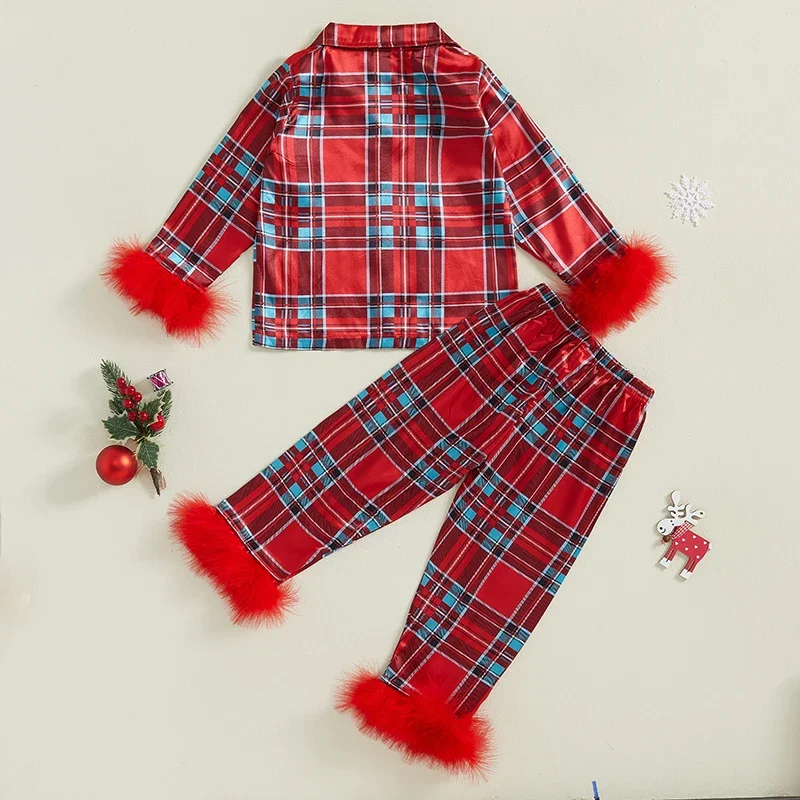 Toddler Kids Baby Girl Christmas Pajamas Sets Satin Santa Claus/Plaid Print Long Sleeve Feather Trim Shirts Pants Sleepwear