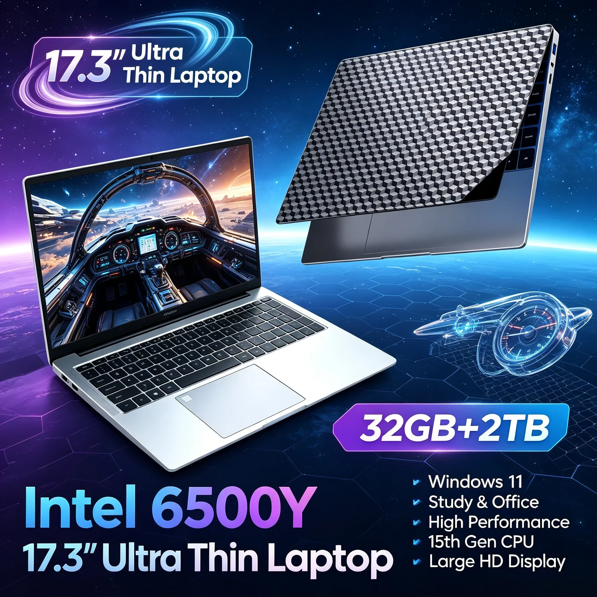 New 17.3'' HD Notebook Computer Intel 6500Y 32GB RAM 1TB 2TB SSD Win11 WiFi6 BT5.2 Portable Large Display Laptop For Office Work