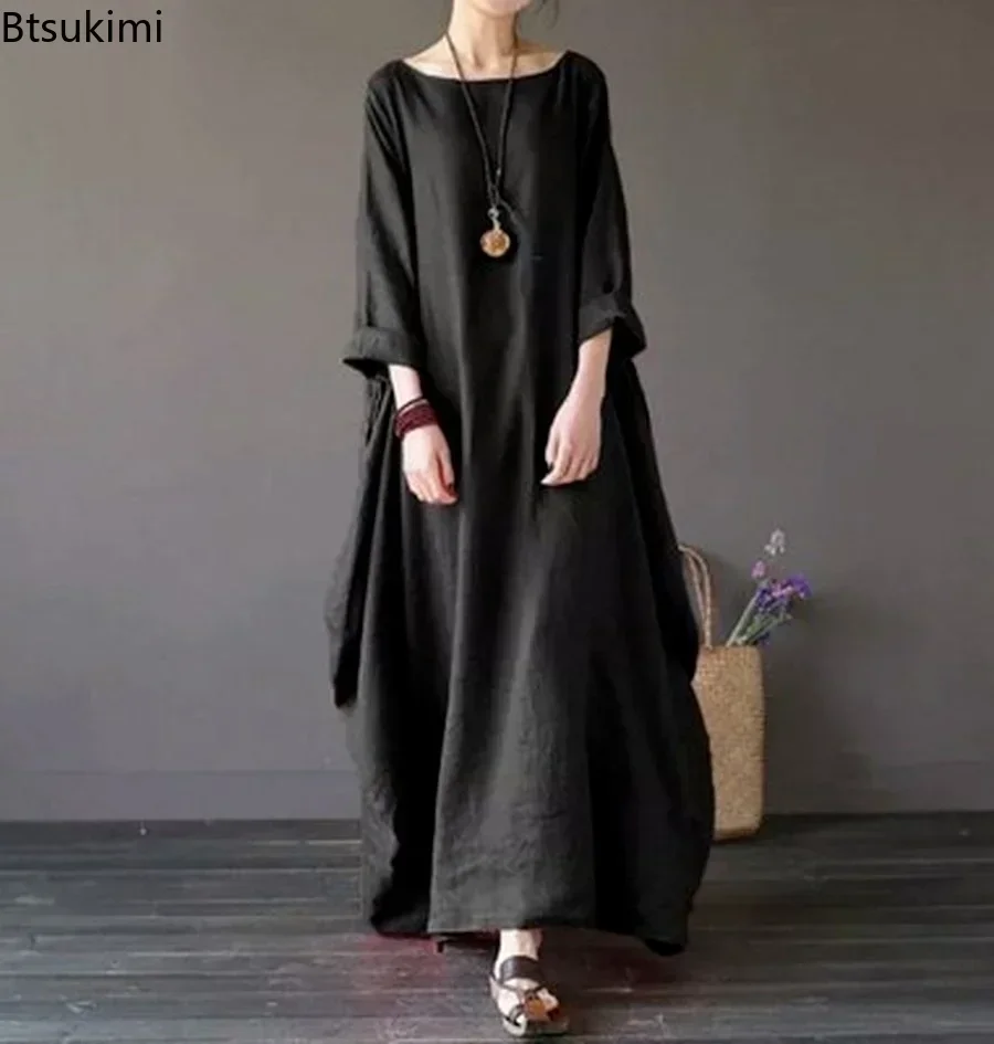 2024 Women\'s Casual Cotton Linen Dress Oversized Solid Loose Ankle Length Elegant Long Dress Female Half Sleeve Vestidos S-5XL