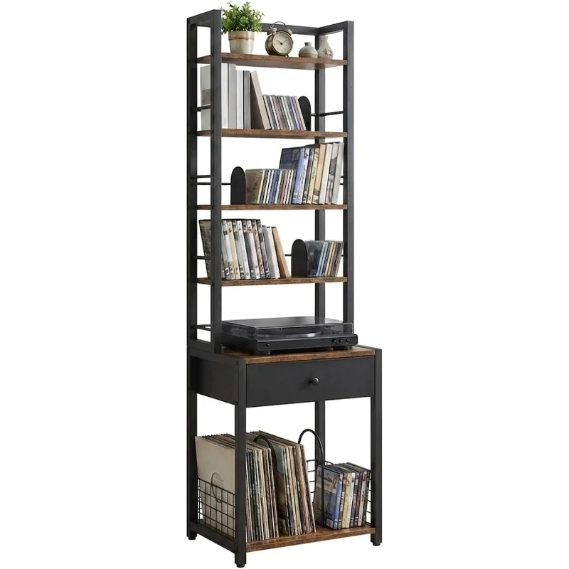 CD Storage Rack, 6-Tier DVD Organizer Shelf with Drawer & Adjustable Book Stoppers, Vinyl Record Holder &Multi-Purpose Media Org