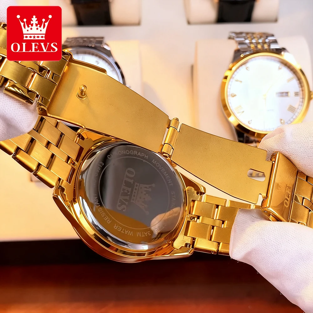 OLEVS 럭셔리 남성 시계 트렌드 패션 골드 오리지널 쿼츠 손목시계 방수 발광 날짜 크로노그래프