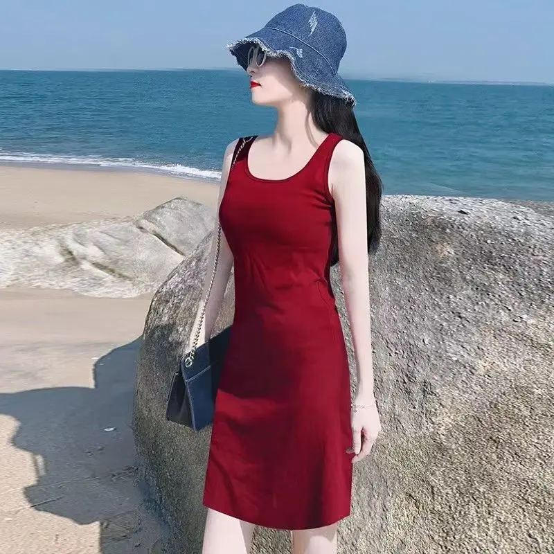 

Fashion O-Neck Solid Color Korean Sleeveless Dress Women's Clothing 2025 Summer New Loose All-match Slip Dresses