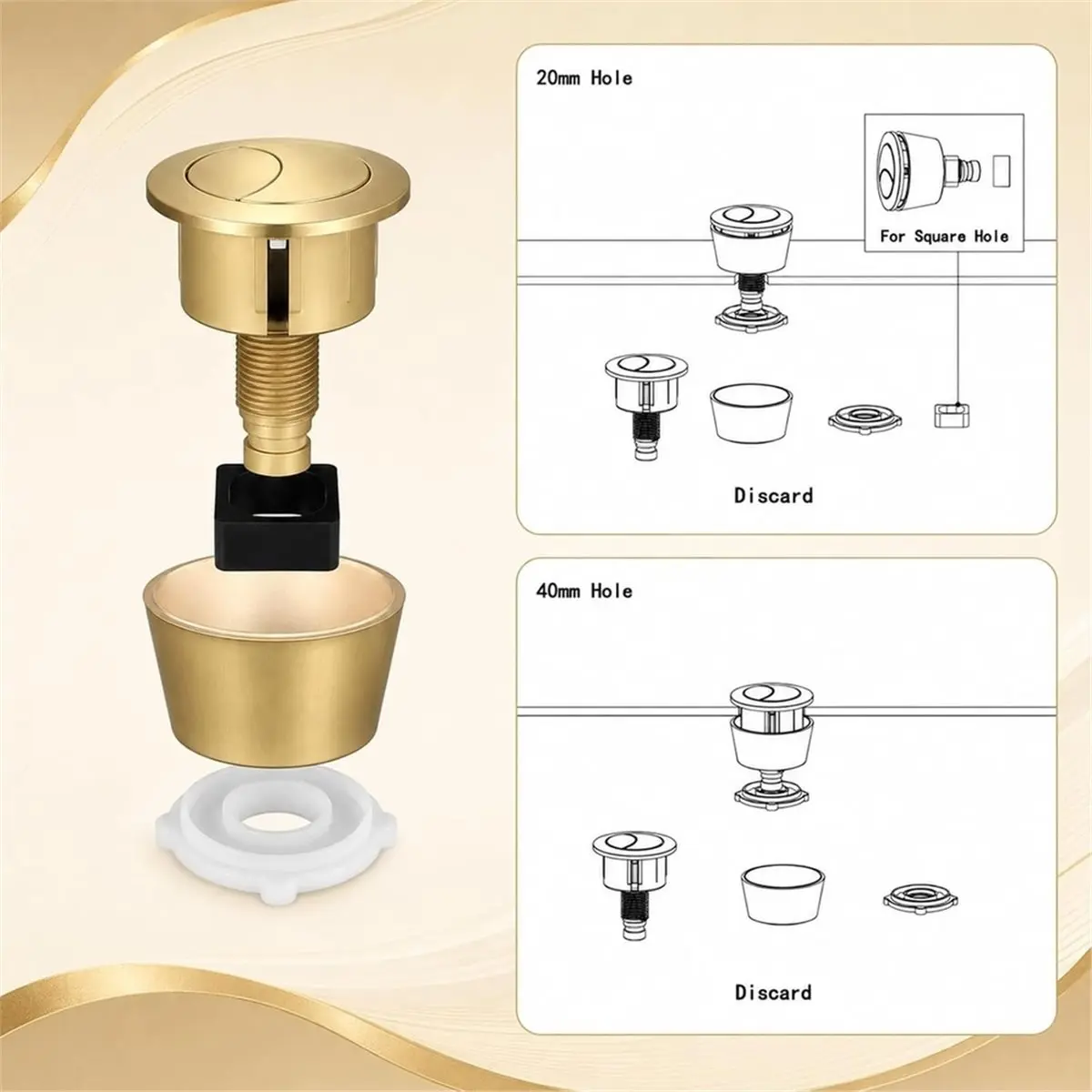 Universal Toilet Flush Button Kit, Dual Flush Toilet Cistern Flusher Parts Push Button, for 20mm 40mm Lid Hole