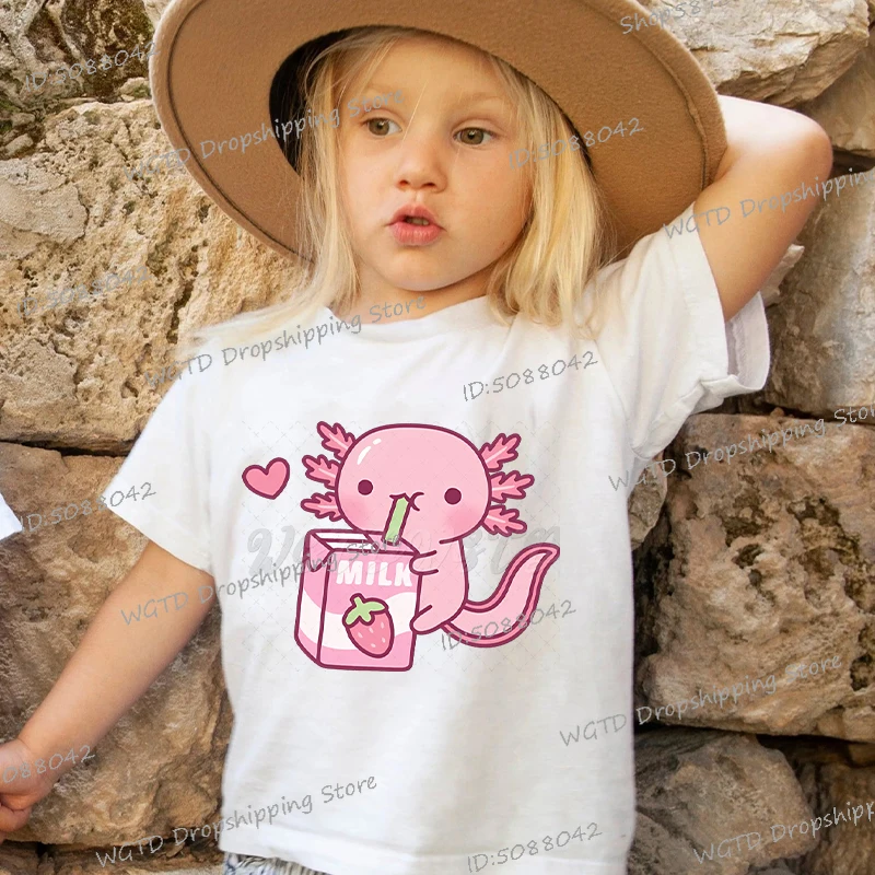 Children's Clothing Cartoon Axolotl Print Short Sleeve T-shirt Cute Axolotl Lover Gift Animal Axolotl Fashion Boys Girls Tshirt