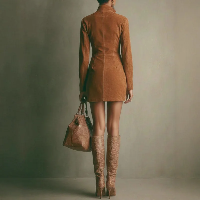 الخريف أوروبا وأمريكا جديد الجلد المدبوغ سستة جيب كم طويل الوقوف الياقة اللباس #3