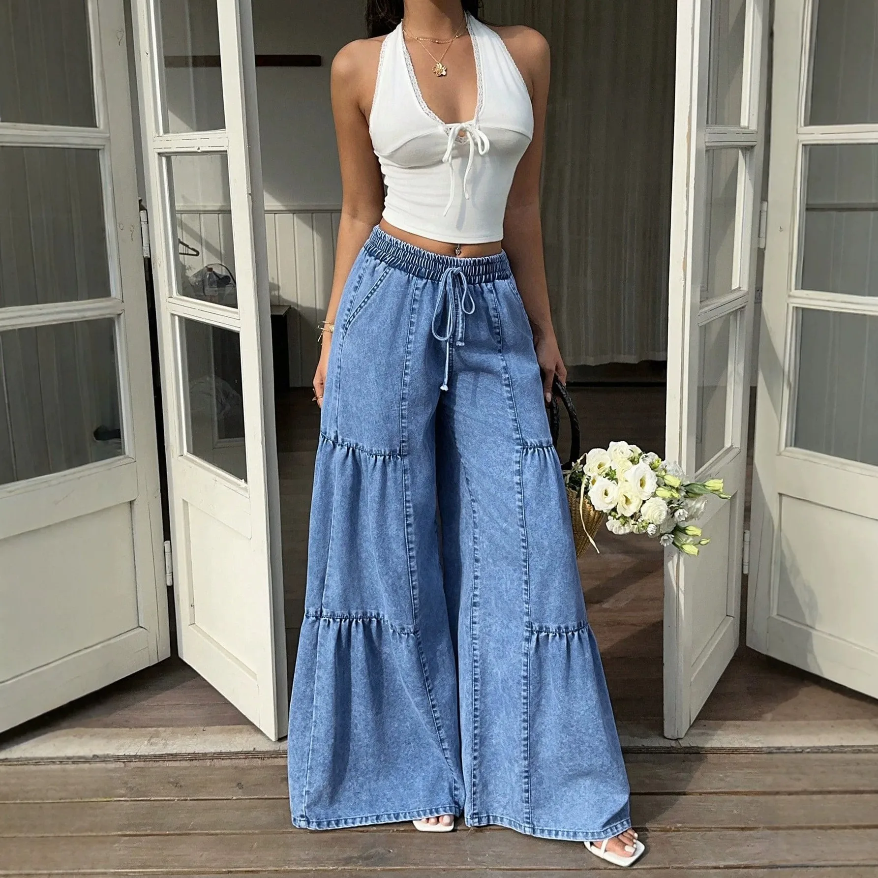 Wide Leg Patchwork Jeans Low Waist Street with Wrinkle Treatment Casual No Stretch Long Pants Regular Thickness Women Jeans