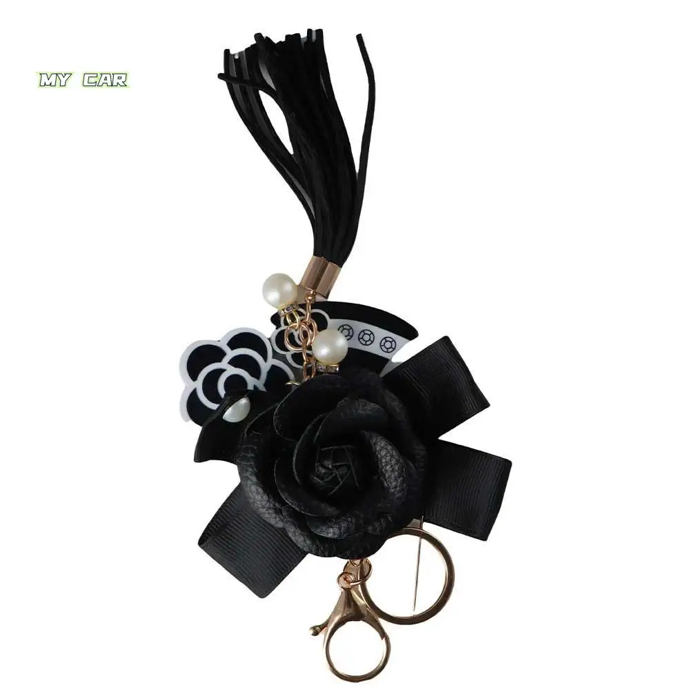 Leather Black Gifts Bag Ornaments Element Hanger Umbrella Camellia Key Chain Key Chain Bag Pendant Flower Keyring