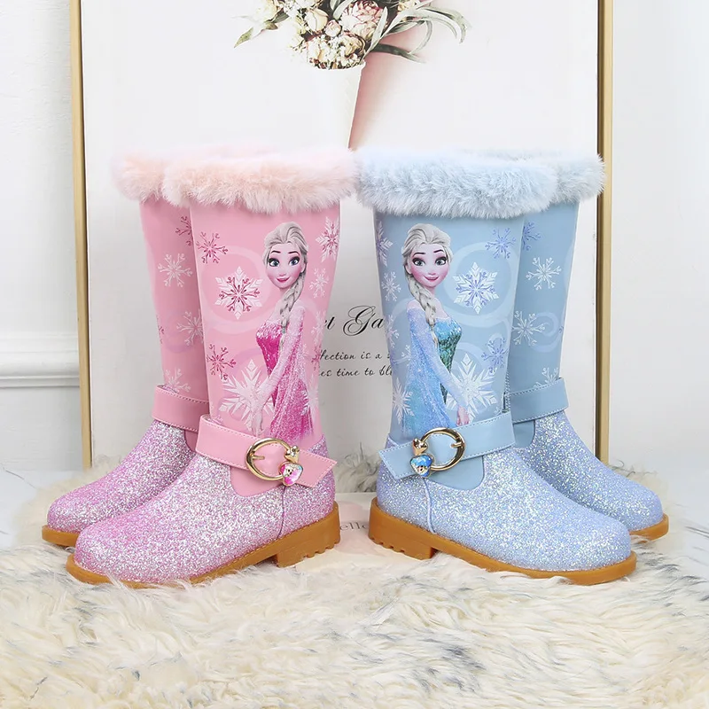 Girls' Leather Boots Winter New Princess Short Boots Warm Snow Boots Fashionable Children's Mid Length Boots Cartoon Boots