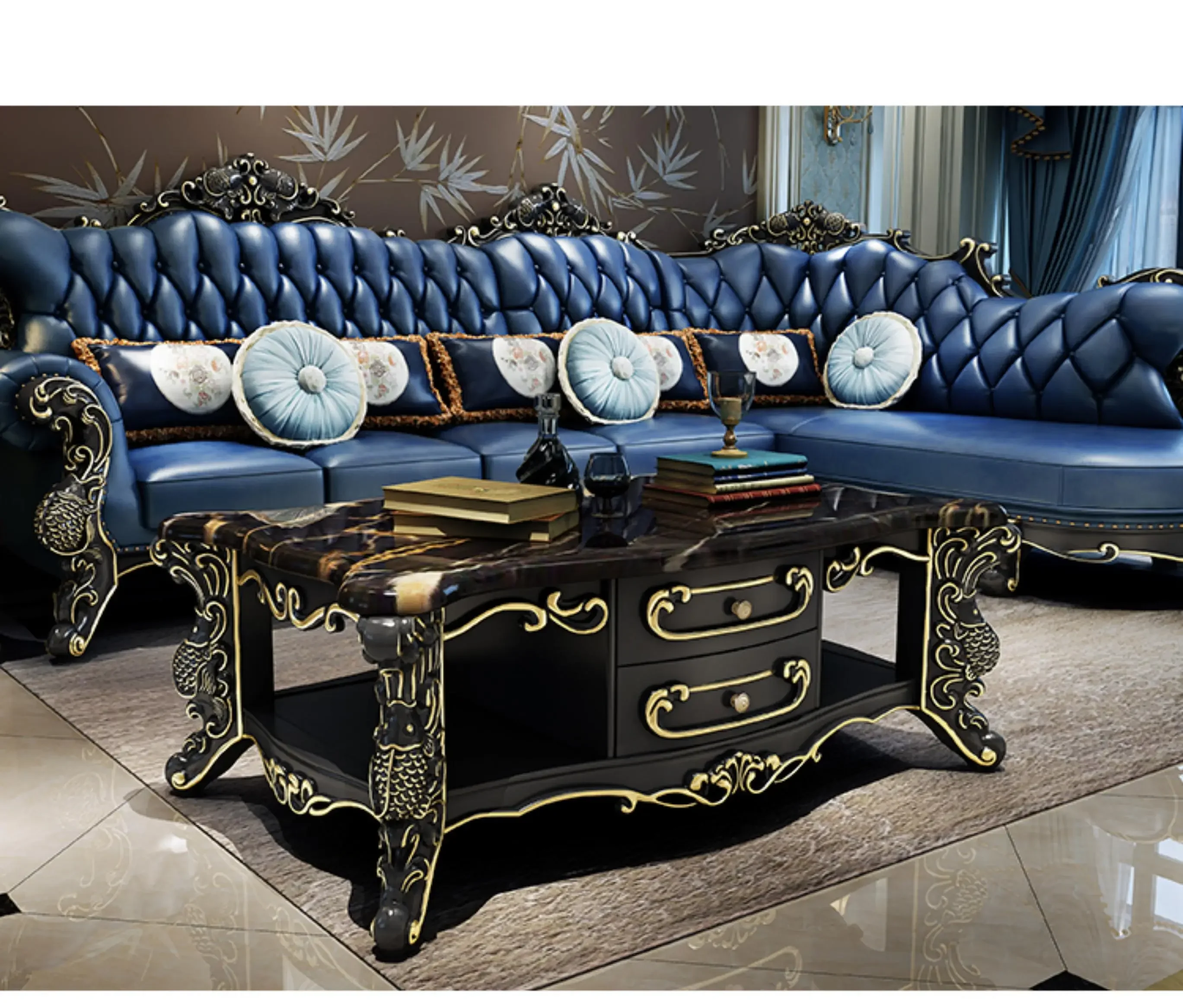 European-style Marble  Solid Wood Carved Coffee Table TV Cabinet Living Room High-end Furniture