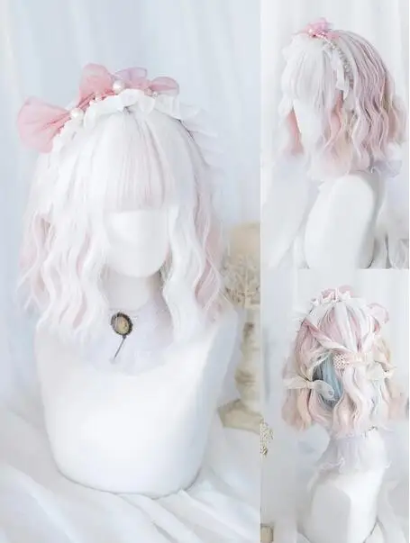 White pink two tone hair paired with short natural wavy wig