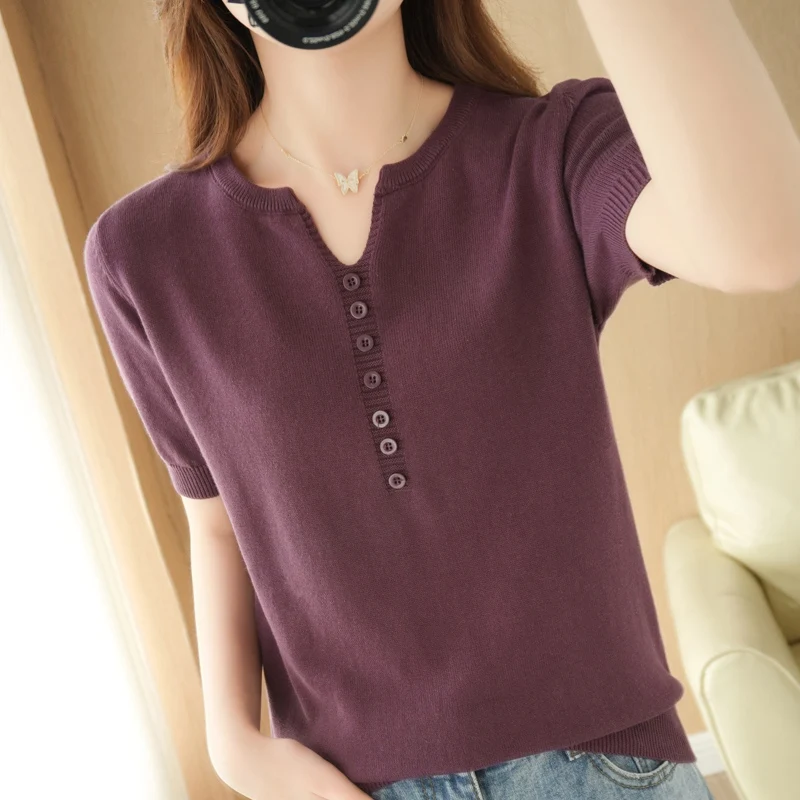 100% Cotton Knitted Women Sweaters And Pullovers Short Sleeve V-neck Warn Female Pullover button Knit Tops Jumper Clothes NS5096