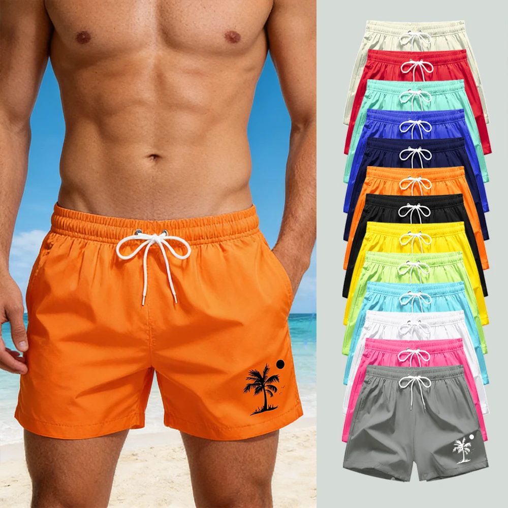 

Summer Men's Quick Dry Swim Trunks with Mesh Lining Side Pockets Coconut Tree Print Summer Beach Shorts for Surfing Swimming