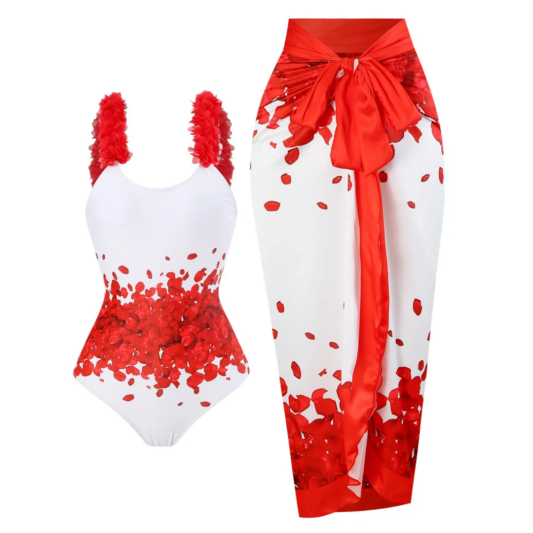 

Summer Printed One-Piece Swimsuit Women's Floral Bodysuit Beach Style Set with Mesh Skirt Maxi Dress for Beach Wear