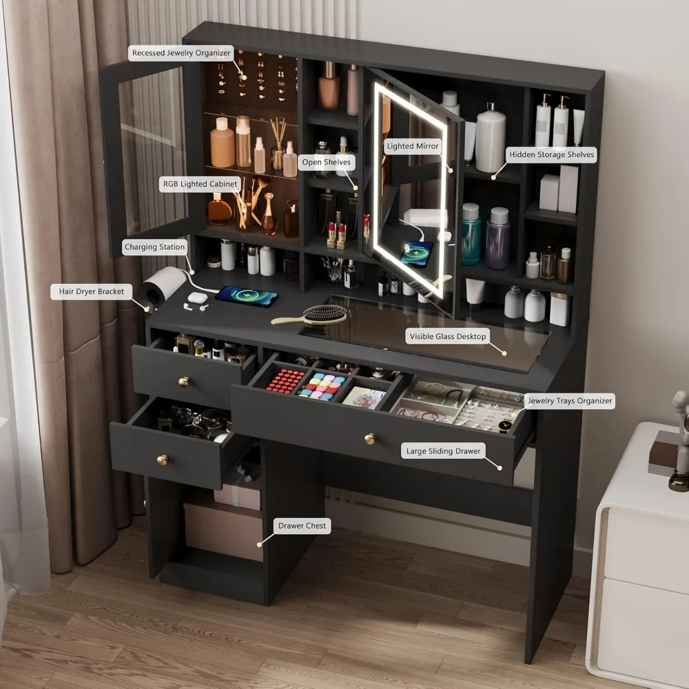 Роскошный черный туалетный столик для макияжа с зеркалом с подсветкой, стеклянной столешницей, хранилищем, розетками, ящиками и шкафами