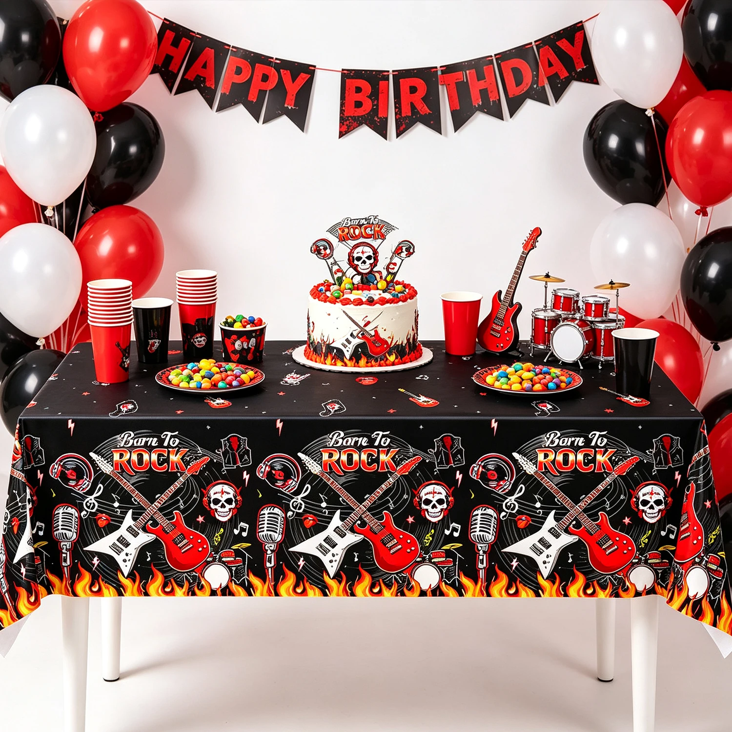 Rock Theme Party Tablecloth 108x54 inches Swing Party Decorative Item Rock Star Guitar Plastic Rectangular Tablecloth Suitable f