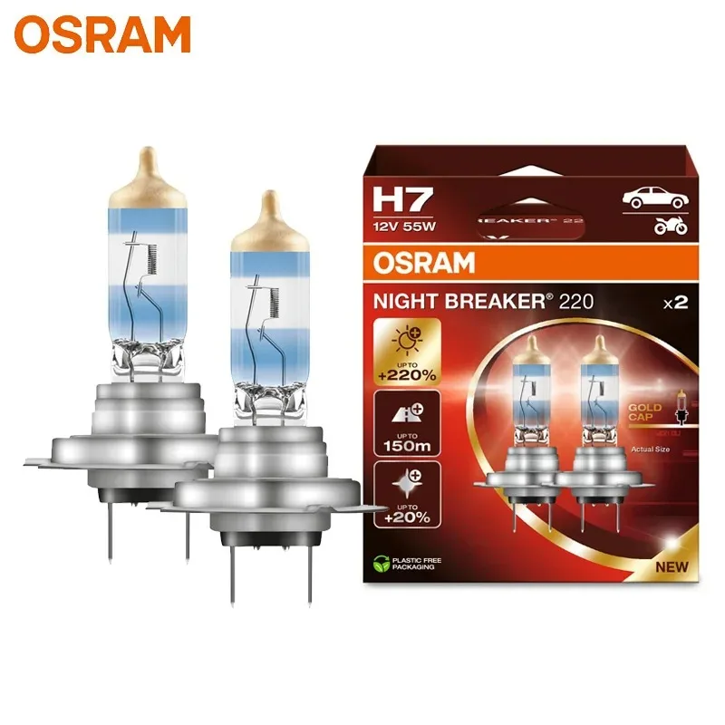 OSRAM Night Breaker 220 H7 12V 55W Car Halogen Lamps +220% Bright +150m Long Light Power Original High Low Beam Made in Germany