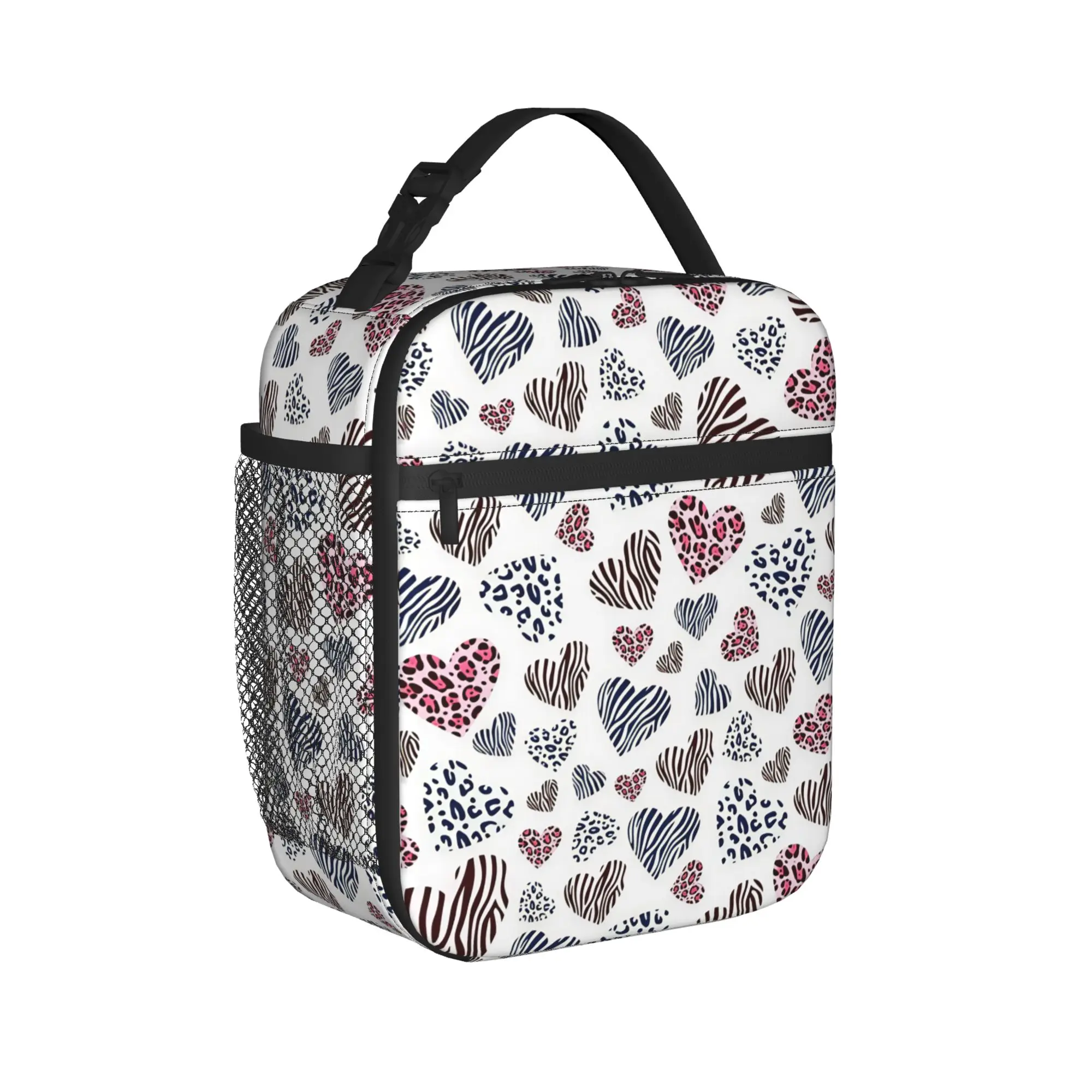 Leopard Zebra Mixed Heart Pattern Y2K Romantic Animal Style Lunch Bag For Child Office Lunch Box Oxford Thermal Tote Handbags