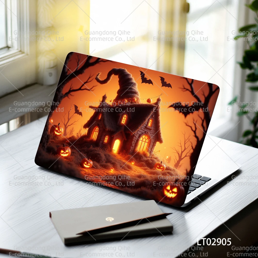 2PCS Halloween Pumpkin Castle Laptop Sticker Set Art Waterproof PVC Decals MacBook Cover Festival Decoration Gifts Computer Skin