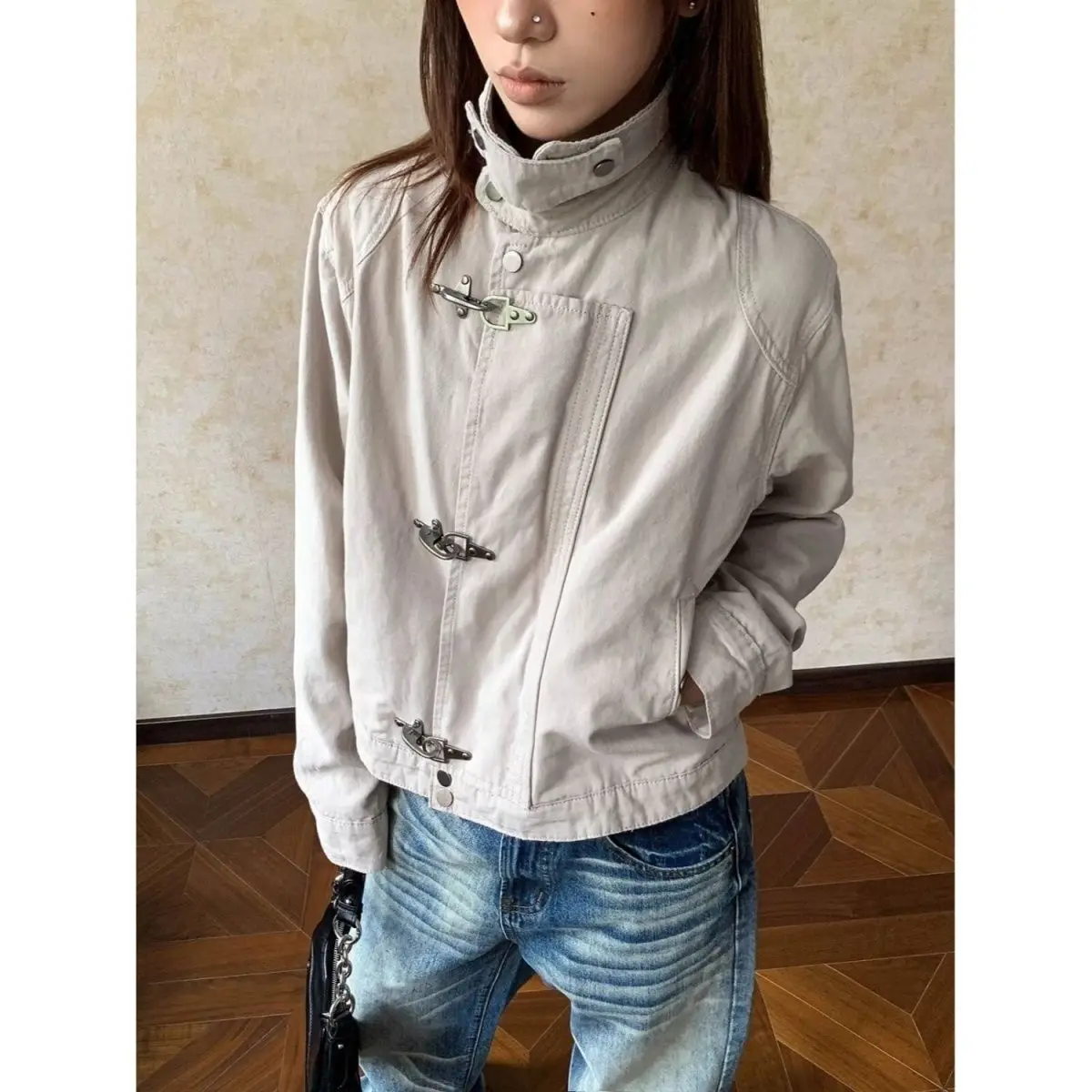 Splicing Aircraft Buckle Jacket Women's Retro Vintage Short Autumn and Winter Coat