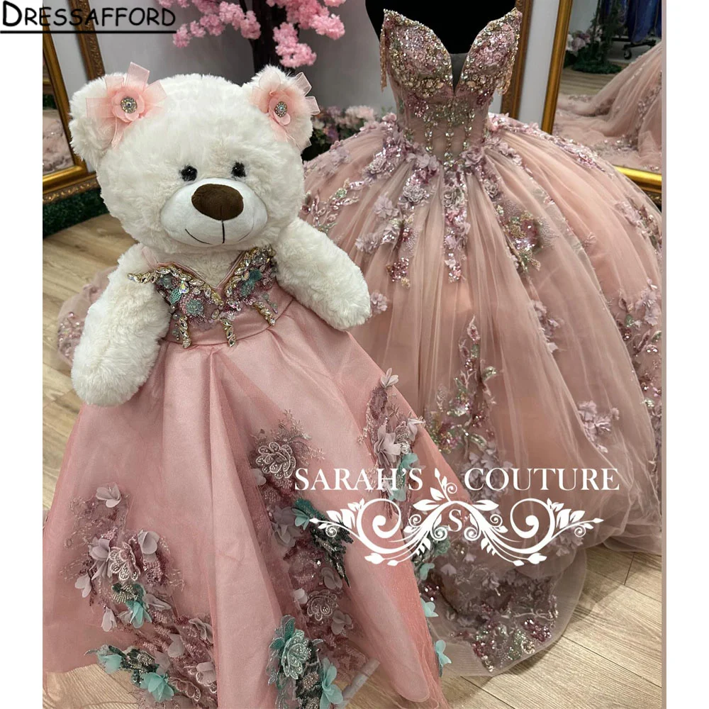 

Pink Sweetheart Quinceanera Dresses Ball Gown For Sweet Girls Applique 3Dflowers Vestidos De XV Anos Beads Birthday Prom Dress