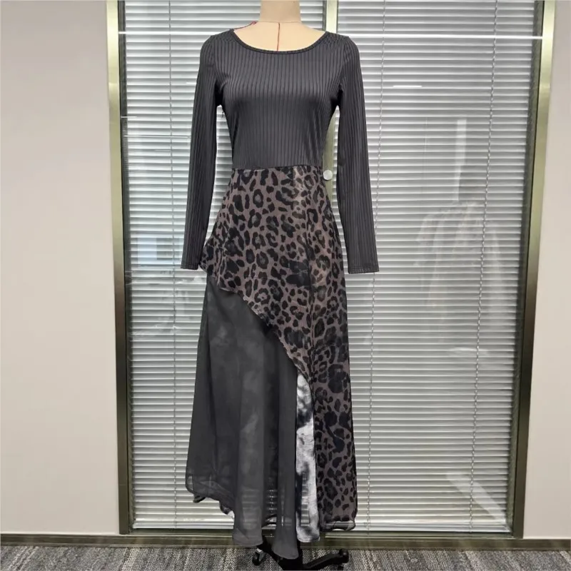 Retro Casual Solid Loose Irregular Maxi Dress Woman Sexy O Neck Splicing Pleated Long Dress Autumn Long Sleeve Pocket Boho Dress