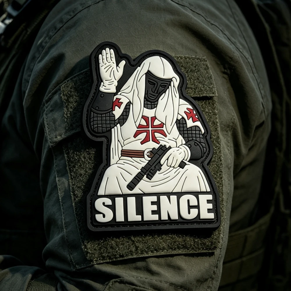 Templar Knight PVC Patch Hook Backing 3D Rubber Badge SILENCE Medieval Crusader Patch for Backpack Vest Hat Clothing Decoration view 2