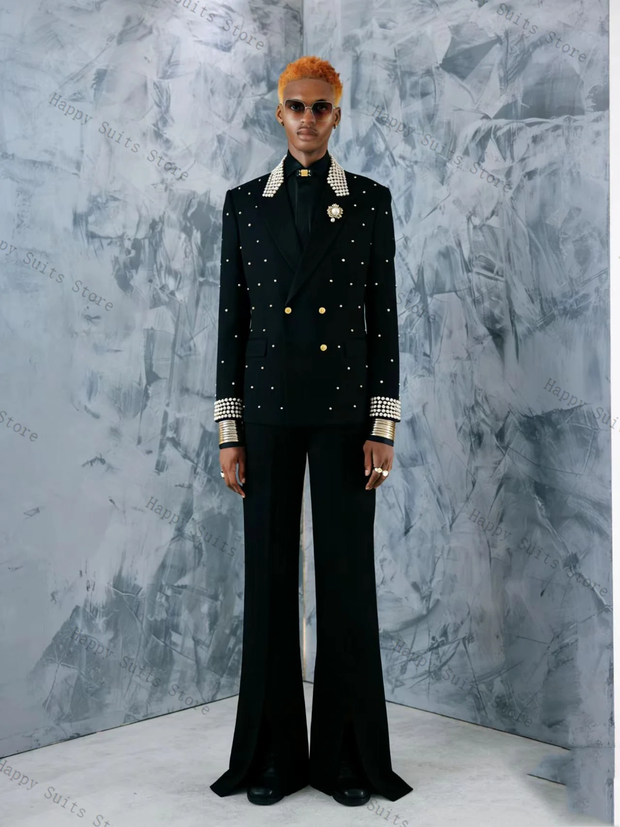 

Pearls Luxury Black Men Suit Set 2 Pcs Groom Blazer+Pants Trousers Formal Office Coat Wedding Tuxedo Customized Jacket Outfit