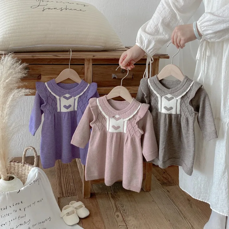 

HoneyCherry Baby Girls Sweater Dress Ruffle Knit Dress Heart Print Toddler Knitwear Infant Girls Sweater Dress