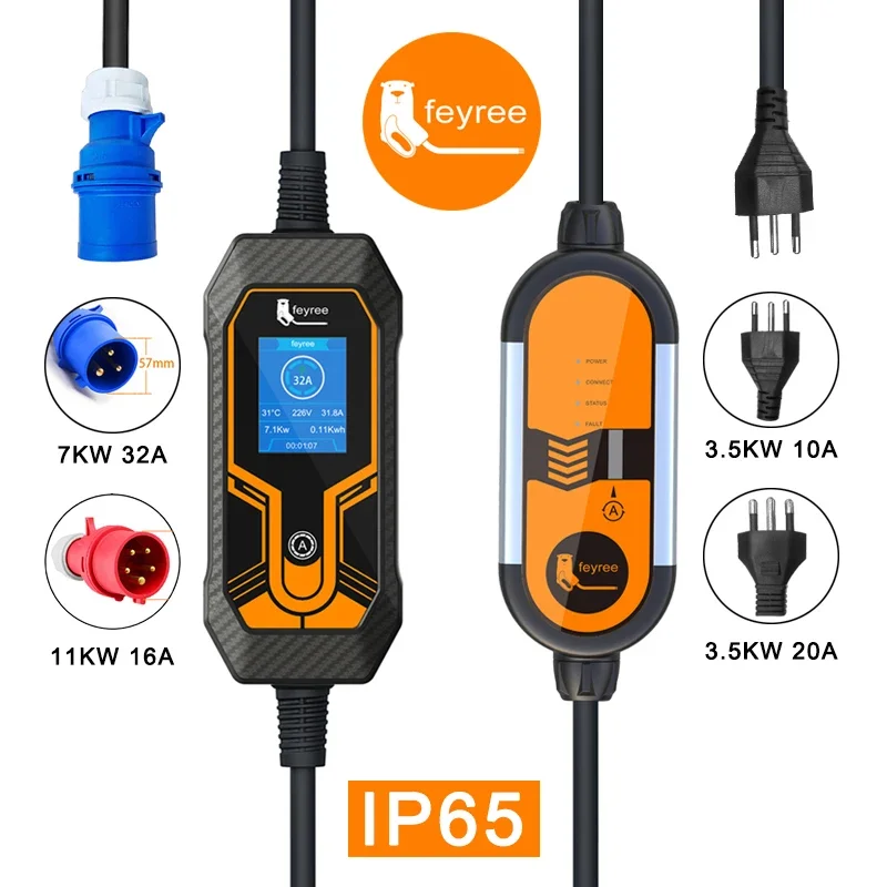 Imagem do produto Feyree-Caixa de carregamento portátil para veículos elétricos, carregador de carro, plugue CEE, tipo 2, EV, cabo EVSE, 3 Phase, 5m, 11kW, 16A, 32A, 7kW na loja AliExpress